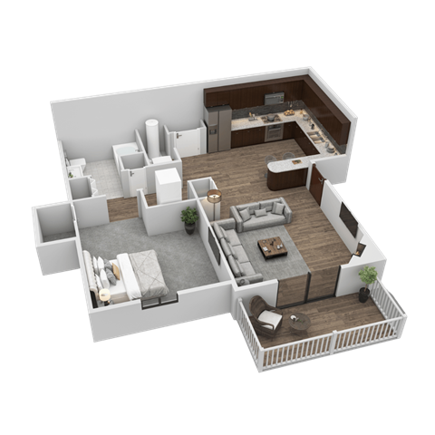 Floor plan for 1 bed, 1 bath, 892 sqft